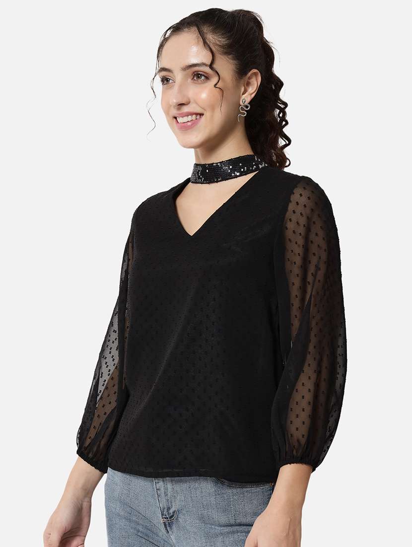 women black solid choker neck puff sleeve regular top - 22082177 - Standard Image - 1