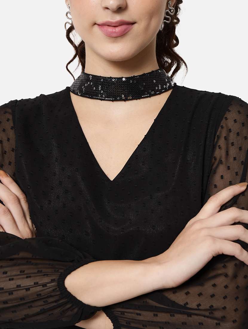 women black solid choker neck puff sleeve regular top - 22082177 - Standard Image - 4