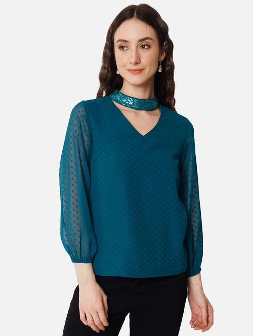 women solid choker neck puff sleeve regular top - 22082178 -  Standard Image - 0