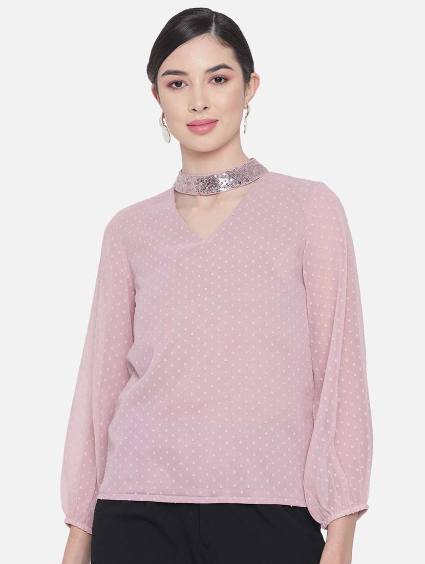 women solid choker neck puff sleeve regular top