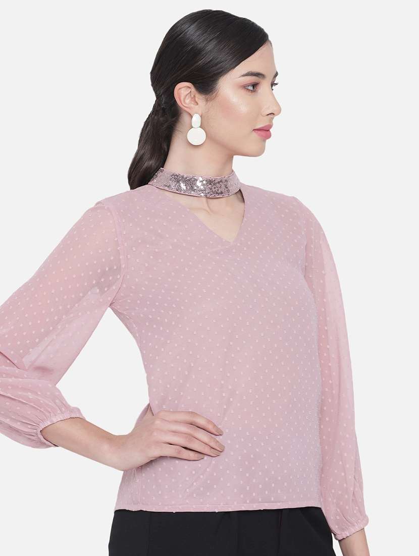 women solid choker neck puff sleeve regular top - 22082179 - Standard Image - 1