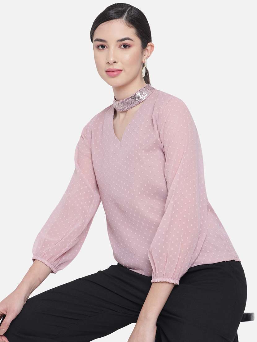 women solid choker neck puff sleeve regular top - 22082179 - Standard Image - 4