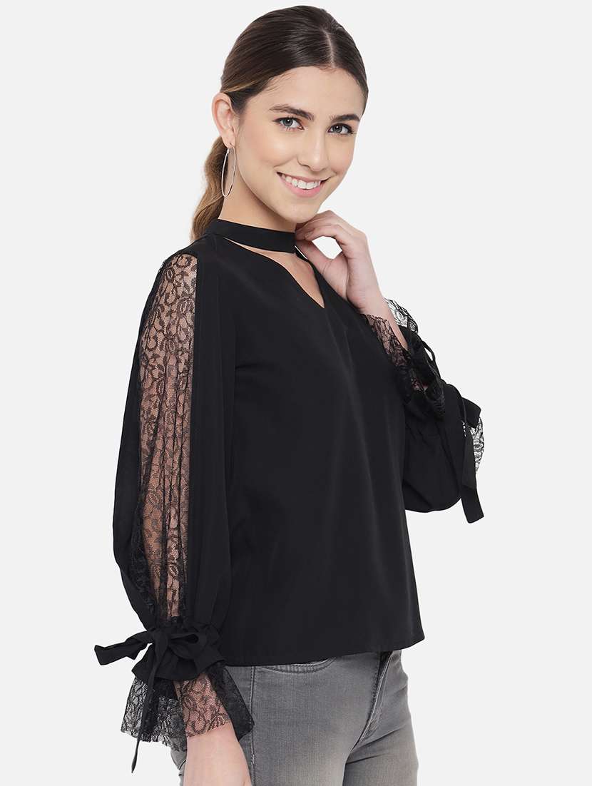 women solid choker neck long sleeve regular top - 22082180 -  Standard Image - 1