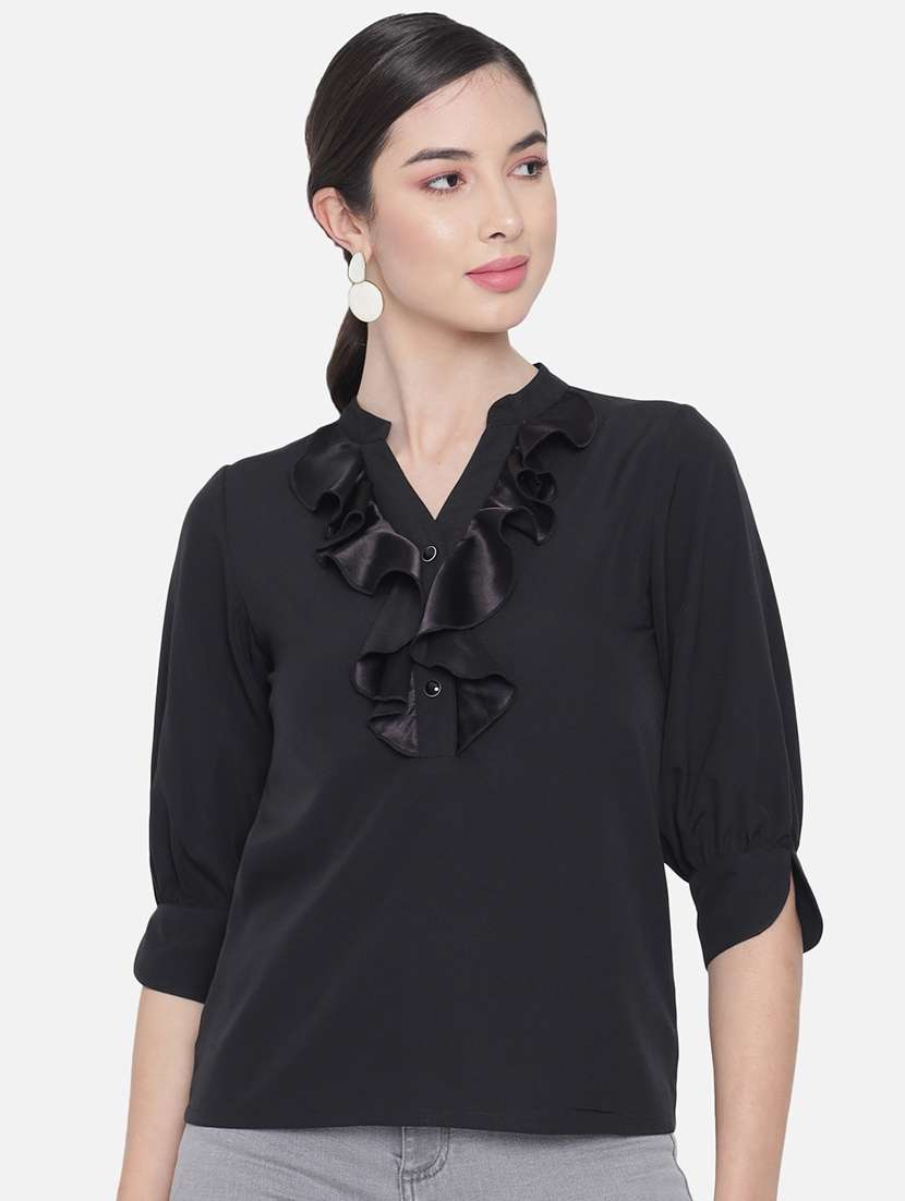 women solid mandarin neck ruffle detailed regular top