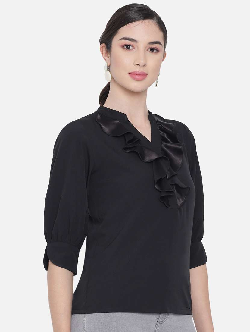 women solid mandarin neck ruffle detailed regular top - 22082181 -  Standard Image - 1