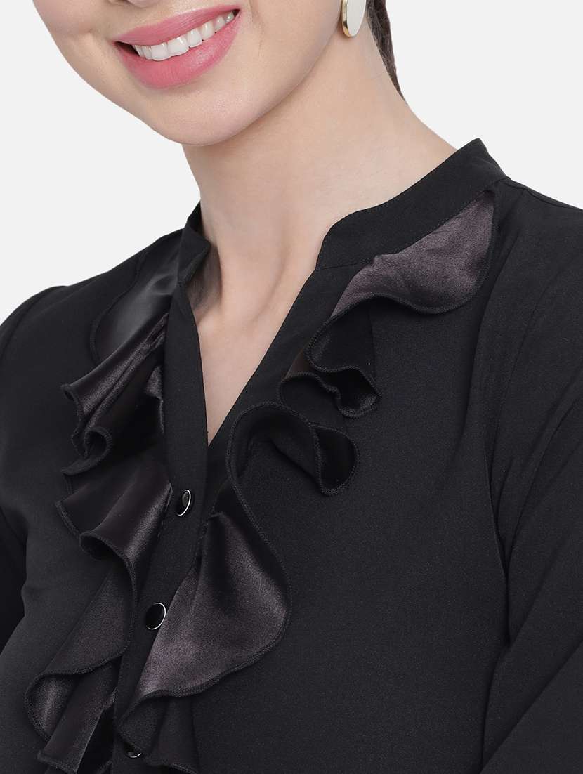 women solid mandarin neck ruffle detailed regular top - 22082181 -  Standard Image - 4