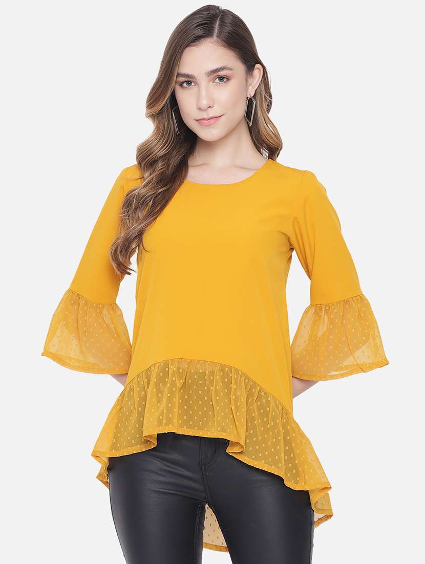 women solid bell sleeve high low top