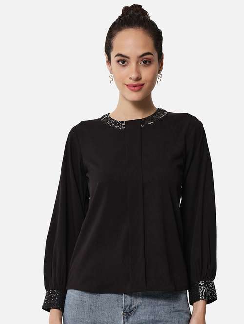 women black solid long sleeve regular top - 22082188 - Standard Image - 0