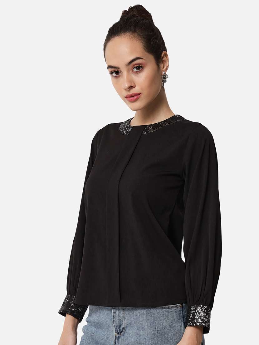 women black solid long sleeve regular top - 22082188 - Standard Image - 1
