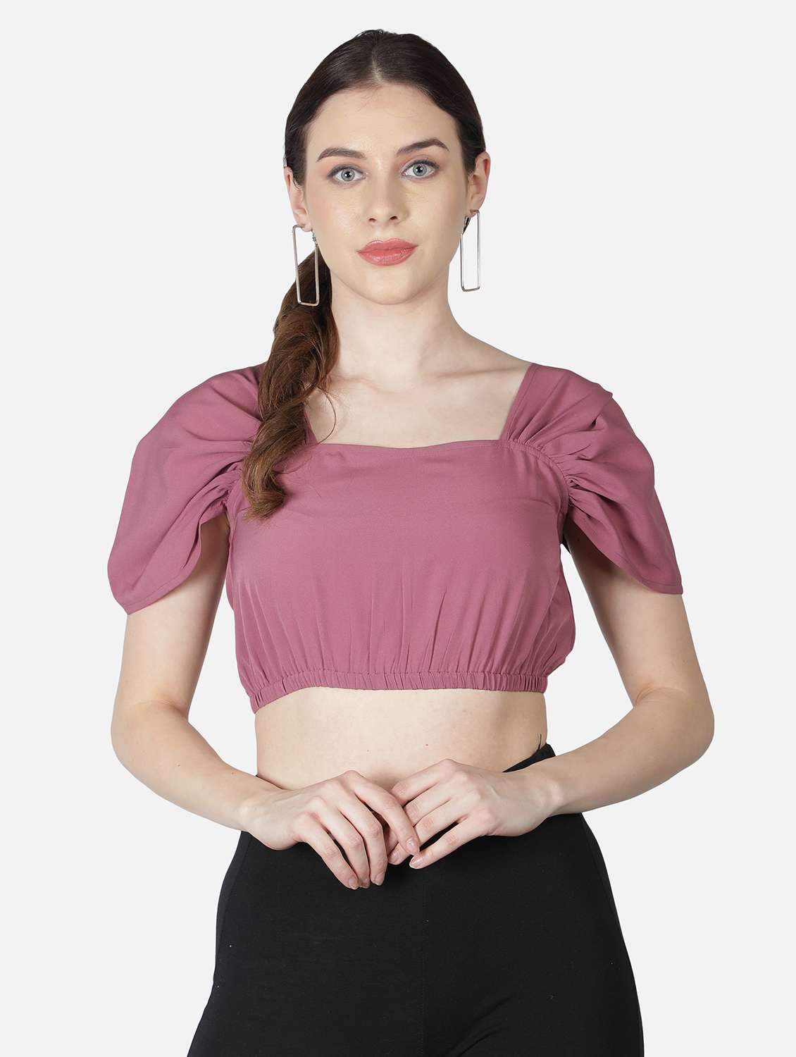 women pink solid puff sleeve crop top