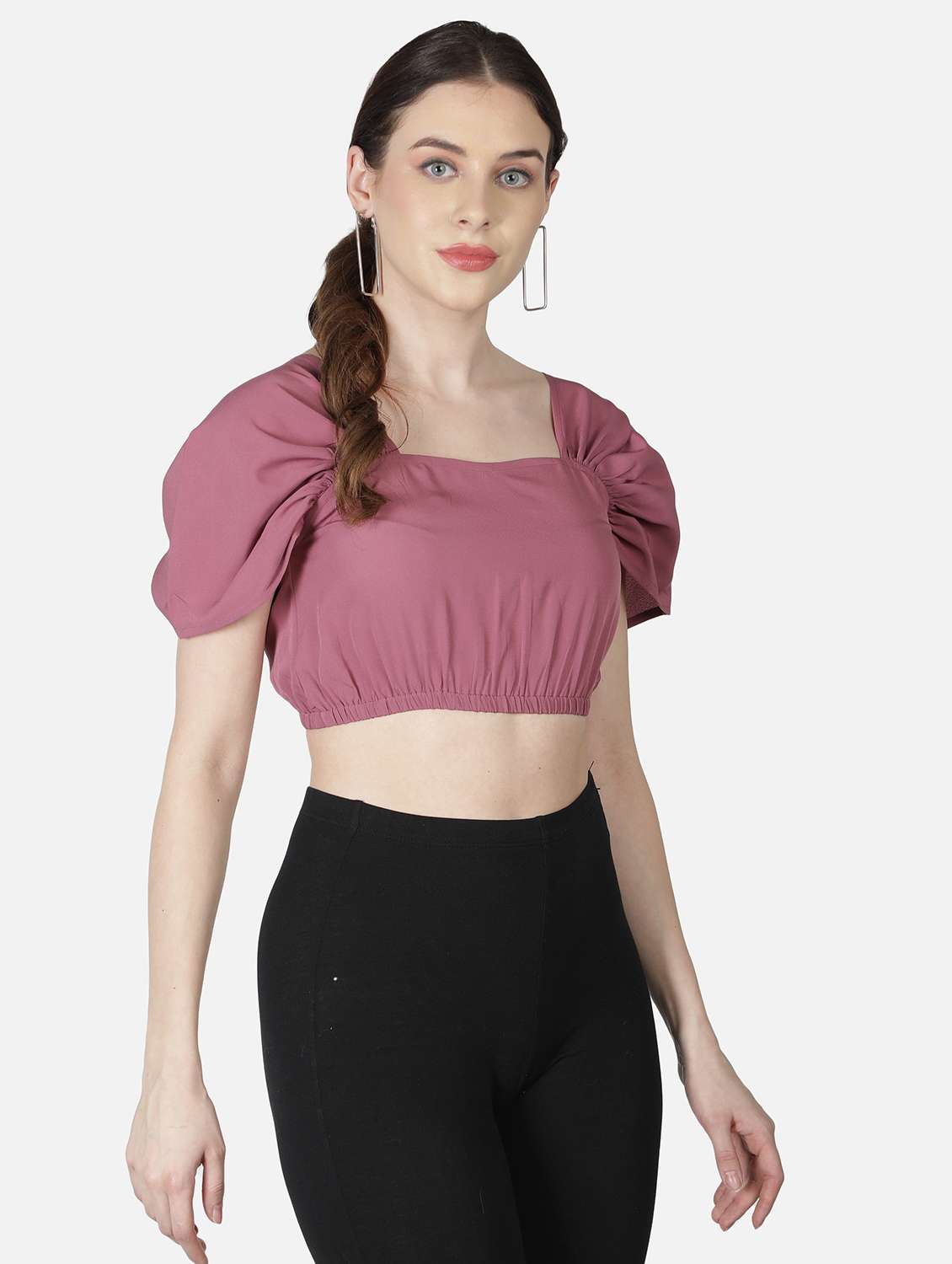 women pink solid puff sleeve crop top - 22082191 -  Standard Image - 1