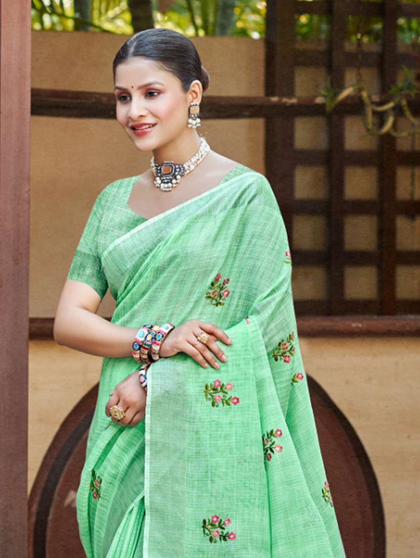 women solid with work embroidered saree with blouse - 22082235 -  Standard Image - 1