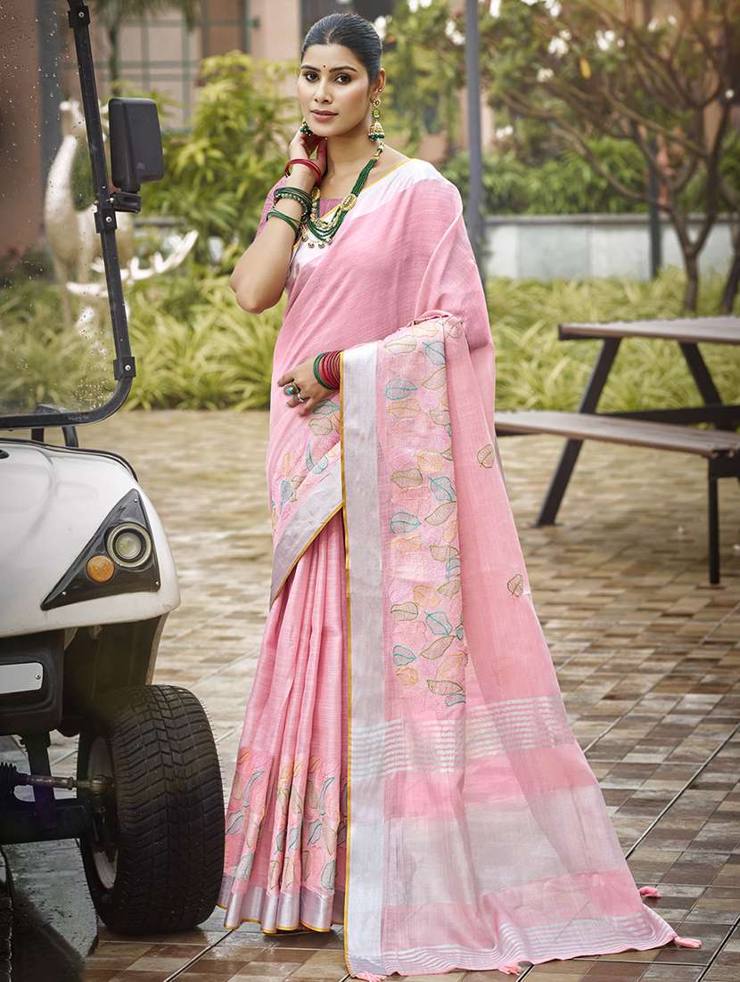 women solid with work embroidered saree with blouse