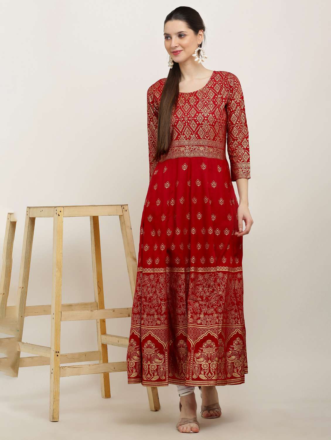 women foil printed three quarter sleeve anarkali kurta - 22082438 - Standard Image - 1