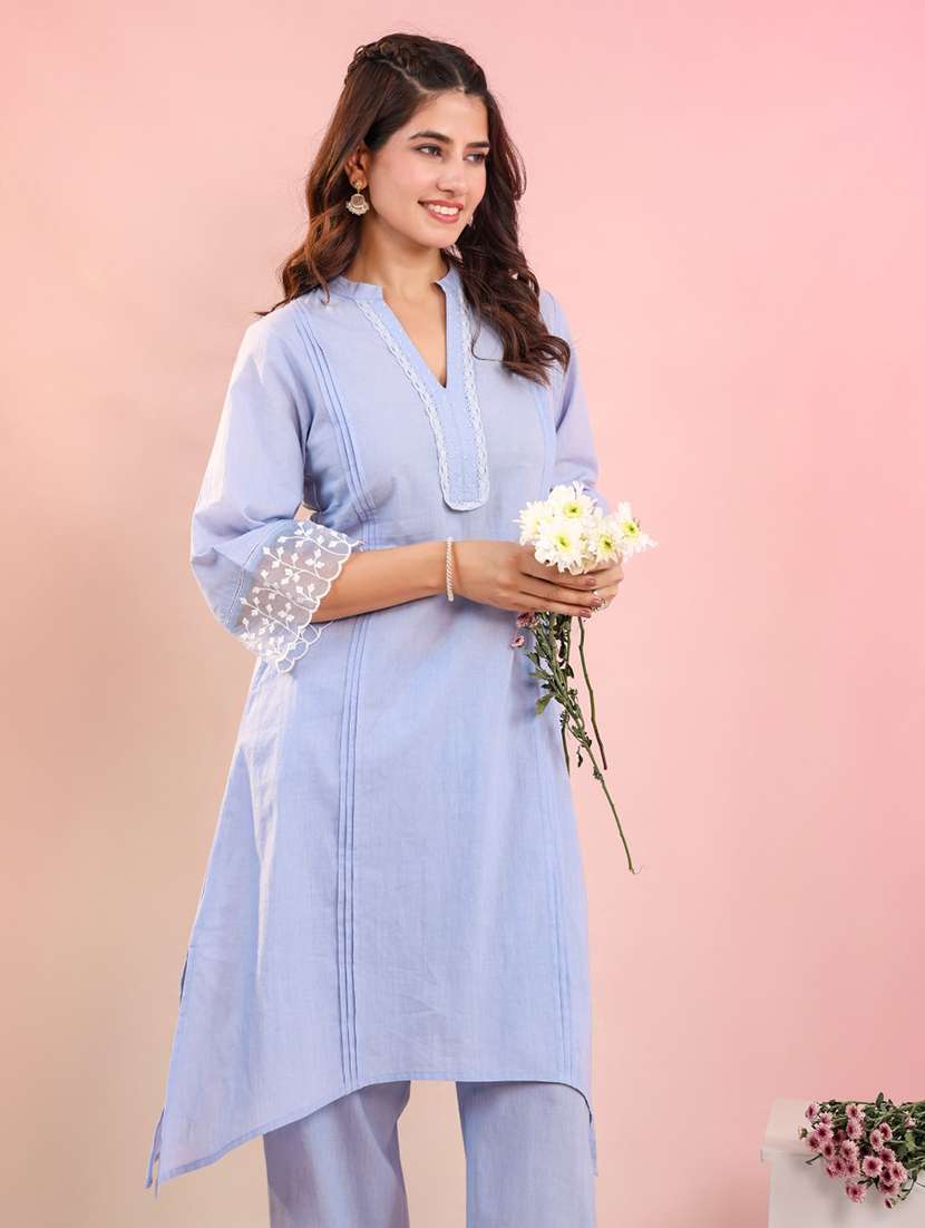 women solid three quarter sleeve kurta pant set - 22082473 -  Standard Image - 1