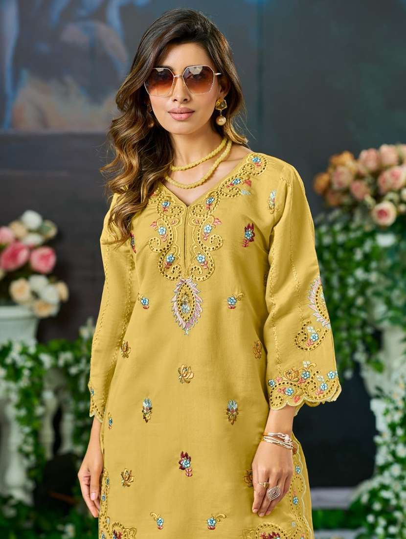 women solid three quarter sleeve kurta pant set - 22082477 -  Standard Image - 1