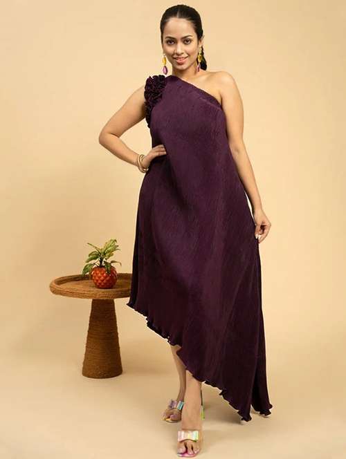 women solid single shoulder asymmetric dress