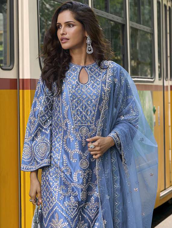 women embroidered long sleeve kurta palazzo with dupatta set - 22082495 -  Standard Image - 1