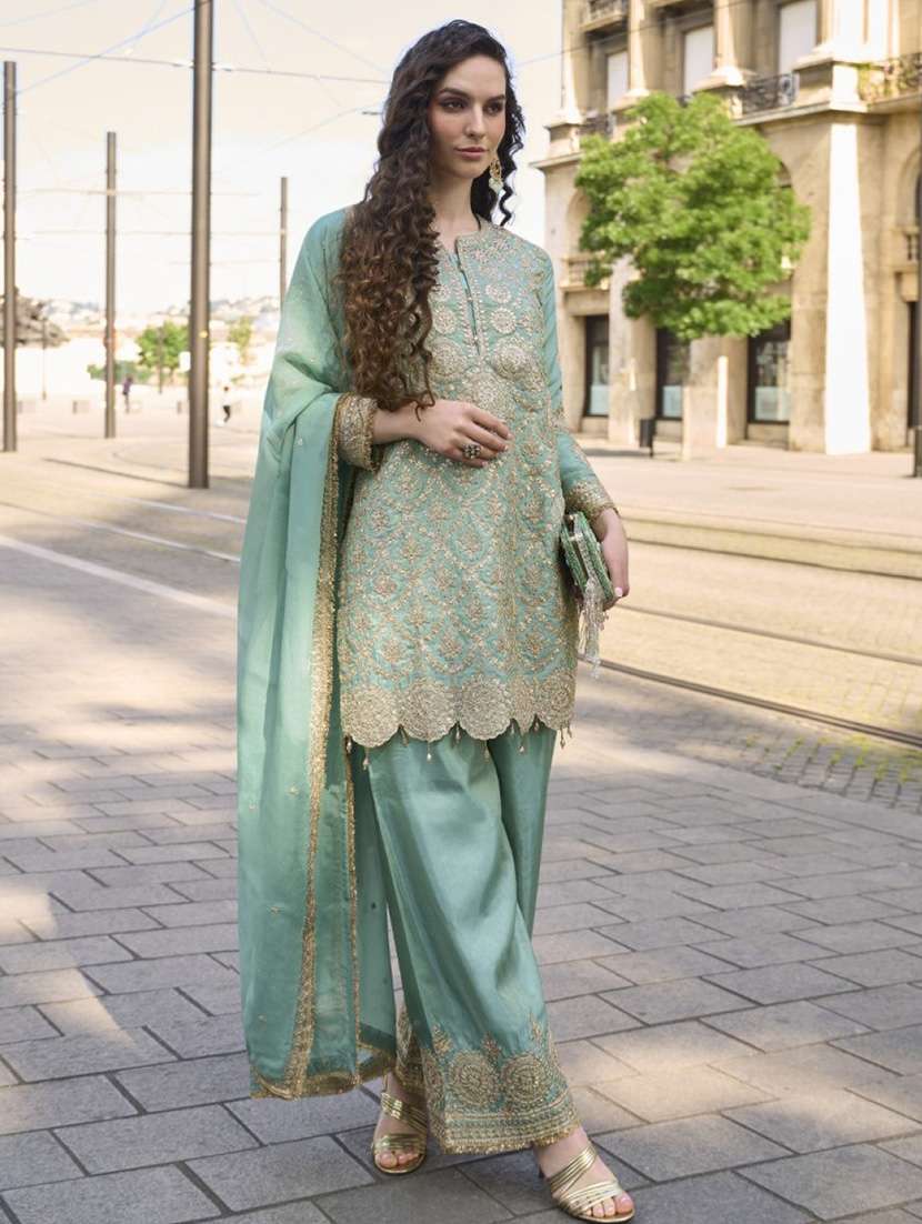 women embroidered long sleeve kurta palazzo with dupatta set - 22082496 -  Standard Image - 1