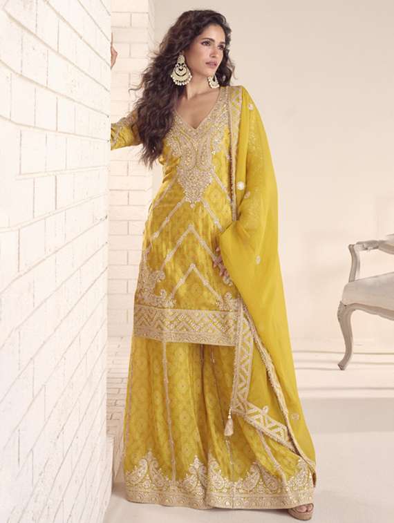 women embroidered long sleeve kurta sharara with dupatta set - 22082525 -  Standard Image - 1