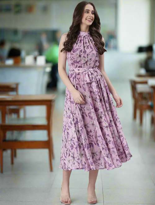 women printed halter neck sleeveless fit & flare dress - 22082549 - Standard Image - 0