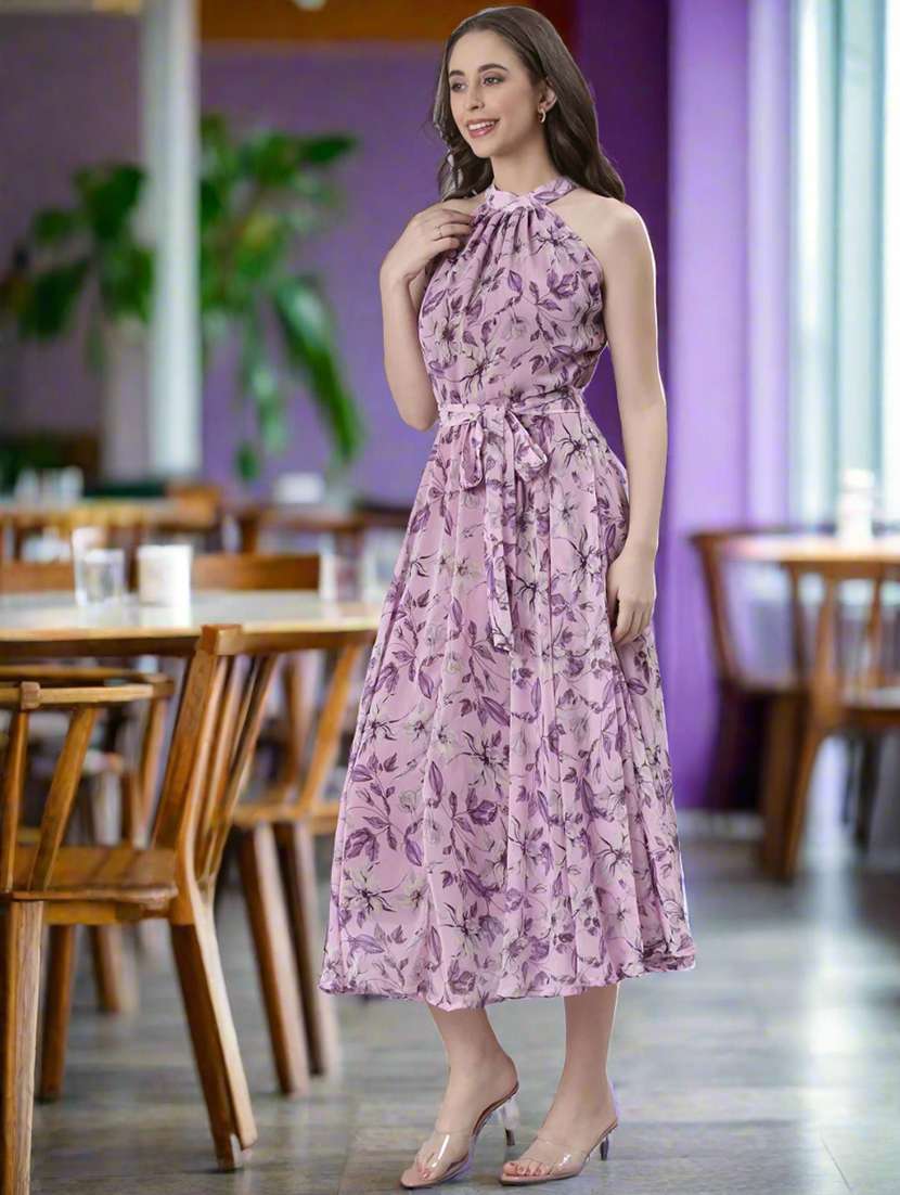 women printed halter neck sleeveless fit & flare dress - 22082549 - Standard Image - 1