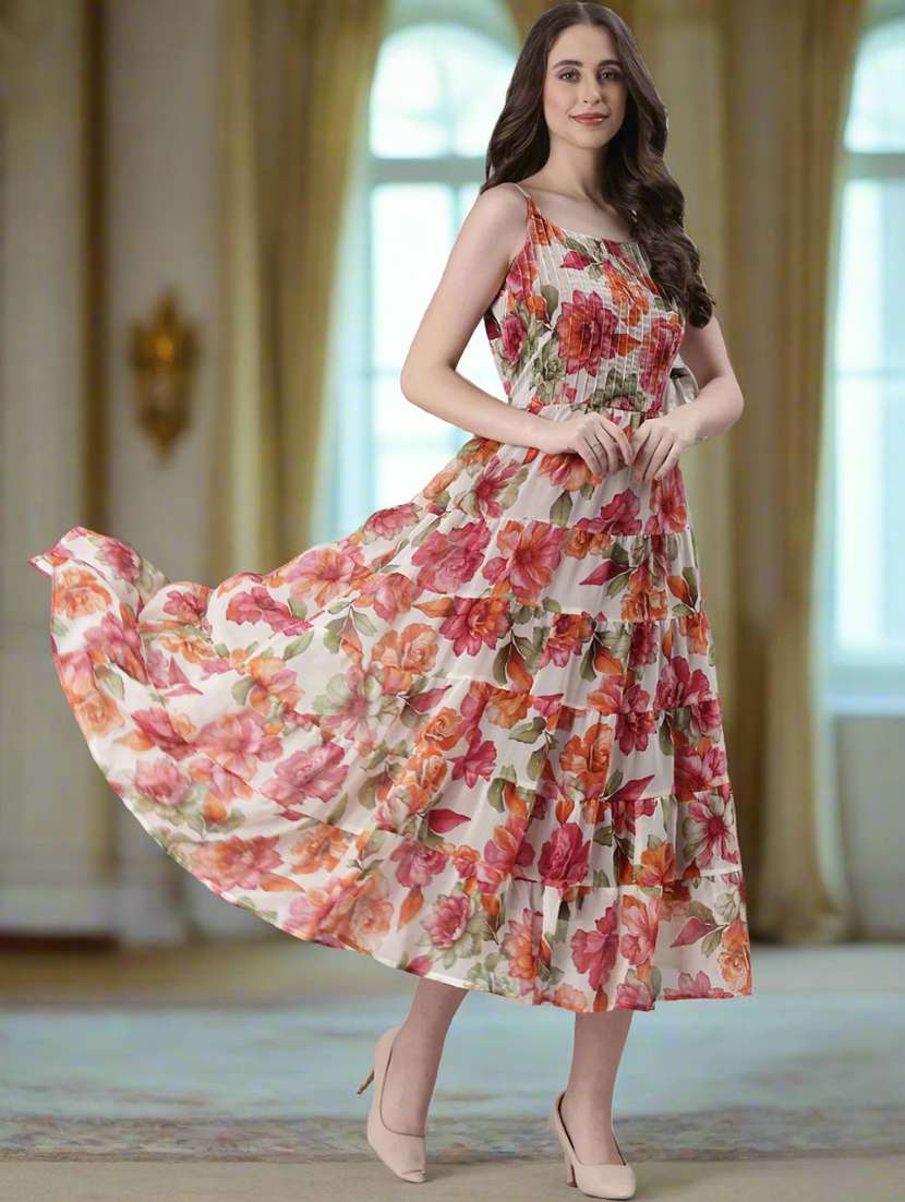 women floral print shoulder strap tiered dress - 22082551 - Standard Image - 1