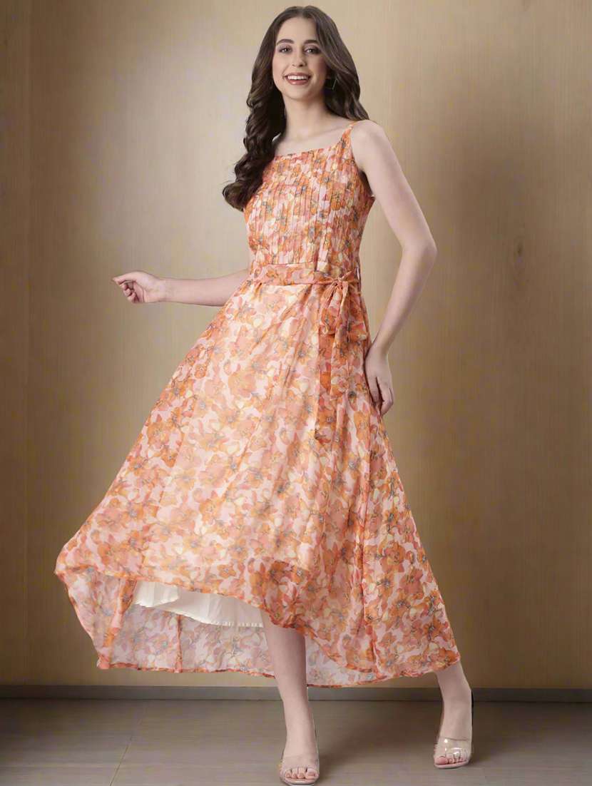 women floral print shoulder strap fit & flare dress