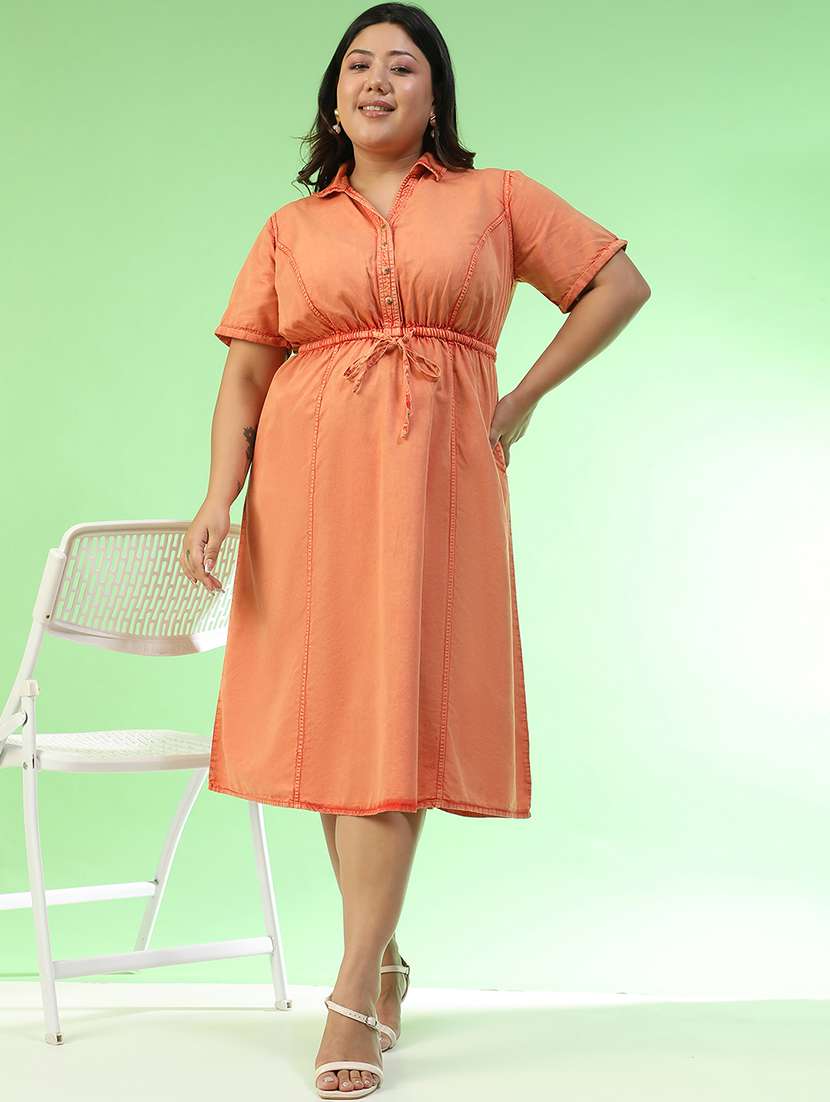 women plus size solid short sleeve collared a-line ress - 22082553 -  Zoom Image - 0