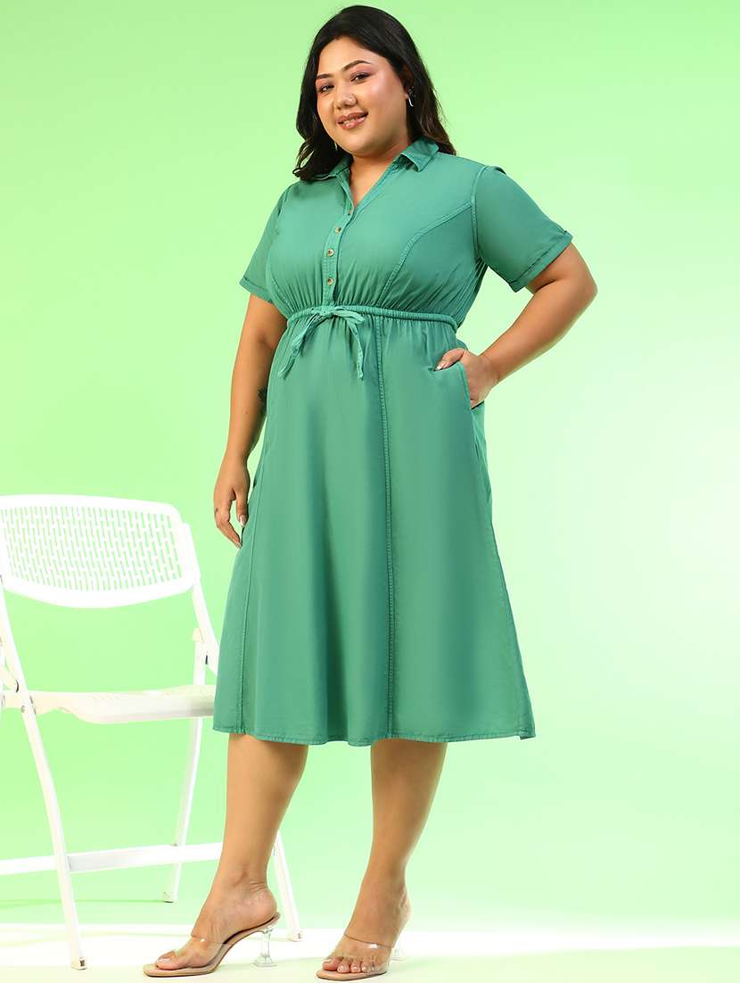 Women Plus Size Solid Short Sleeve Collared A-line Ress - 22082554 -  Standard Image - 1