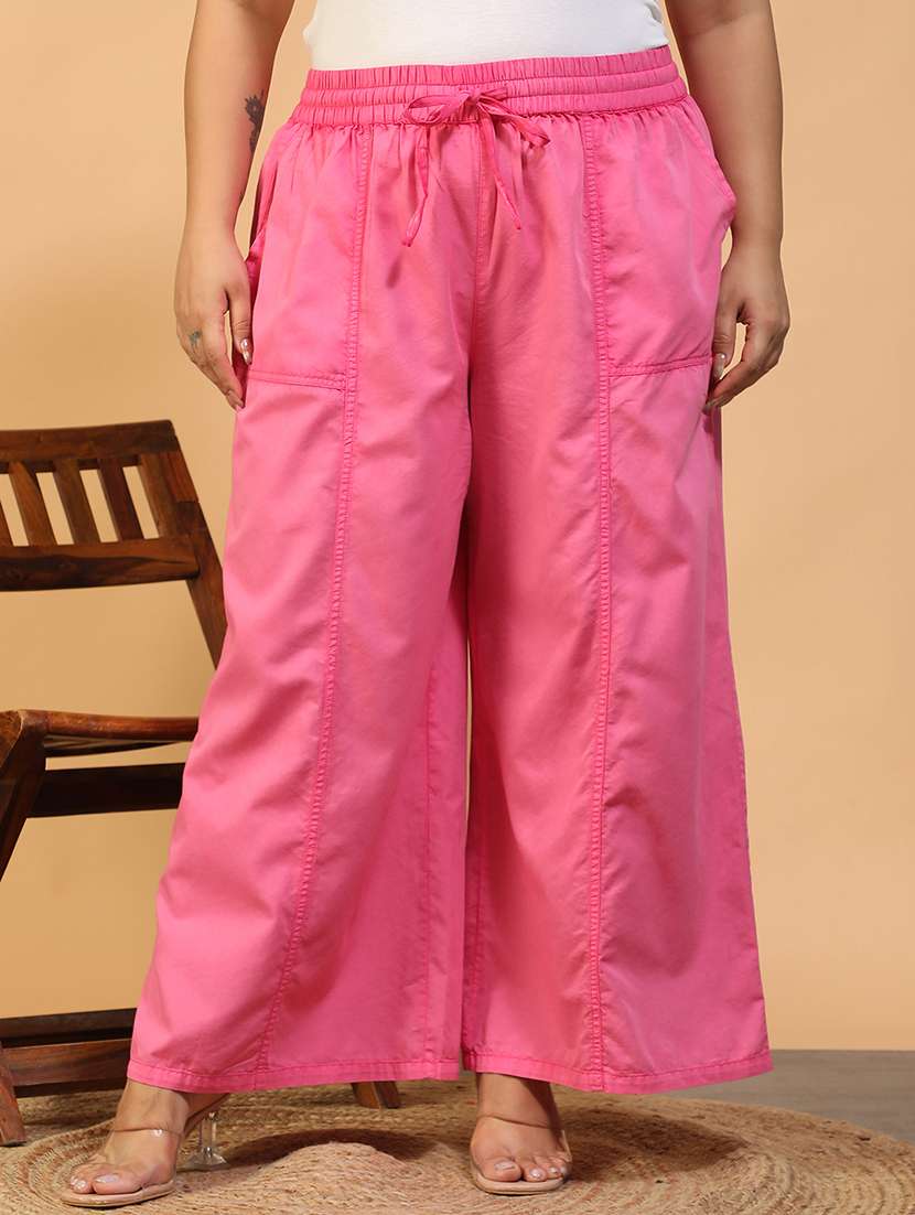 women solid mid rise wide leg trouser