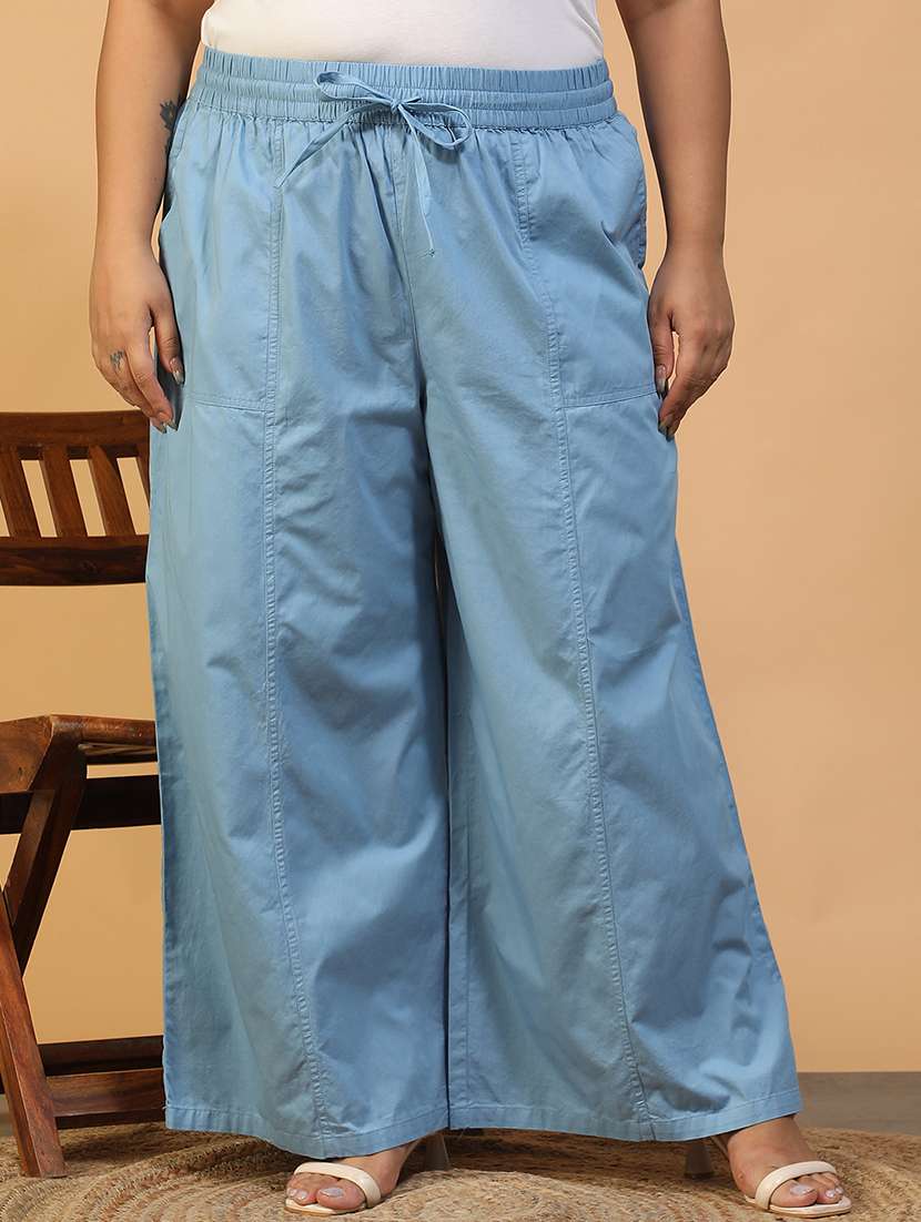 women solid mid rise wide leg trouser
