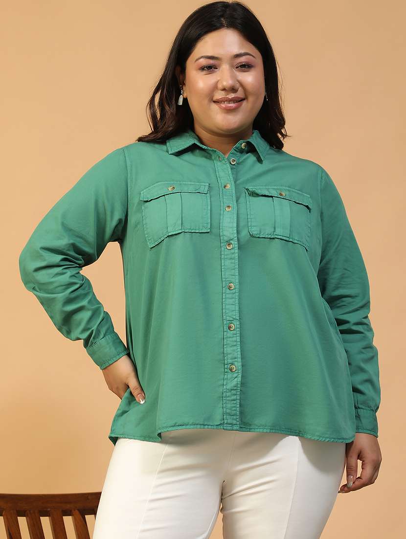 women plus size solid collared long sleeve shirt