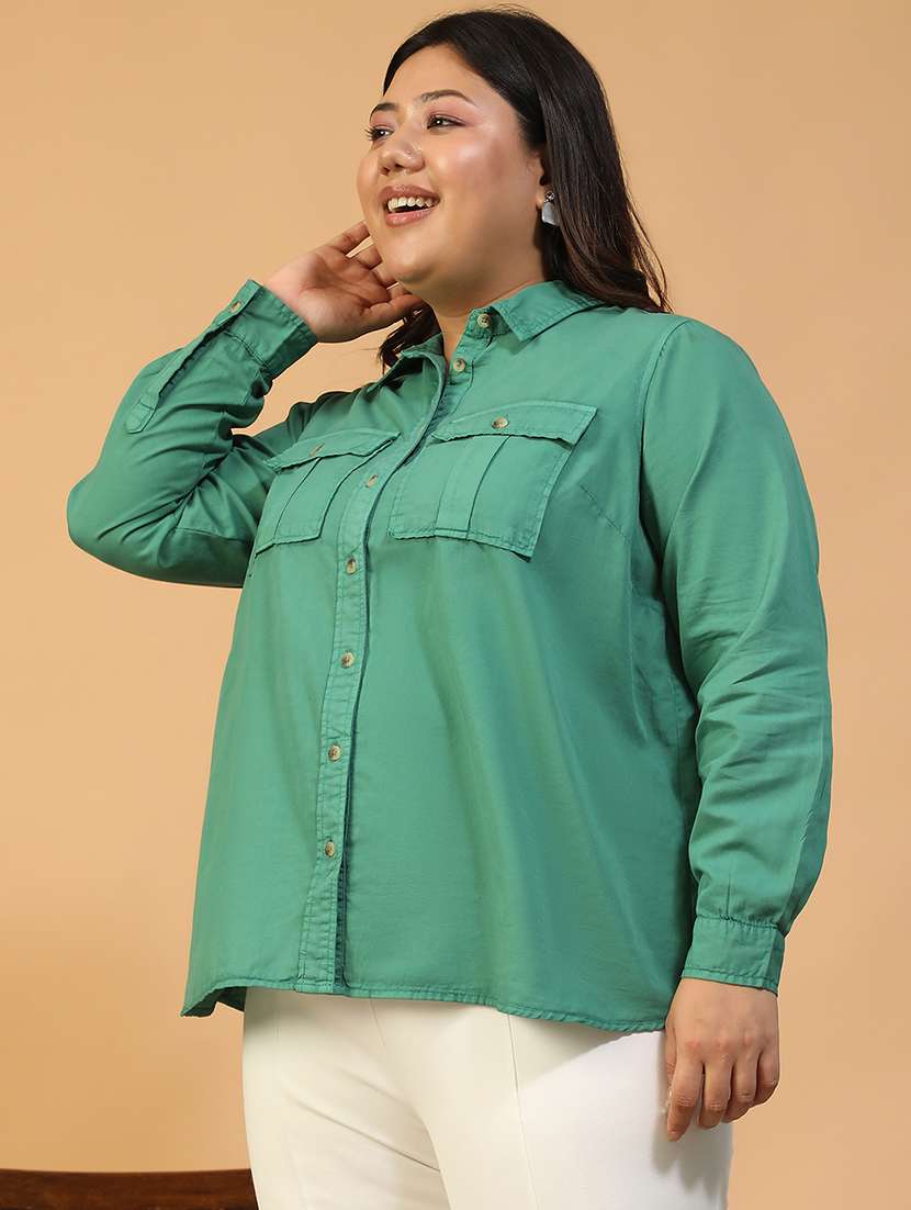 women plus size solid collared long sleeve shirt - 22082579 - Standard Image - 1