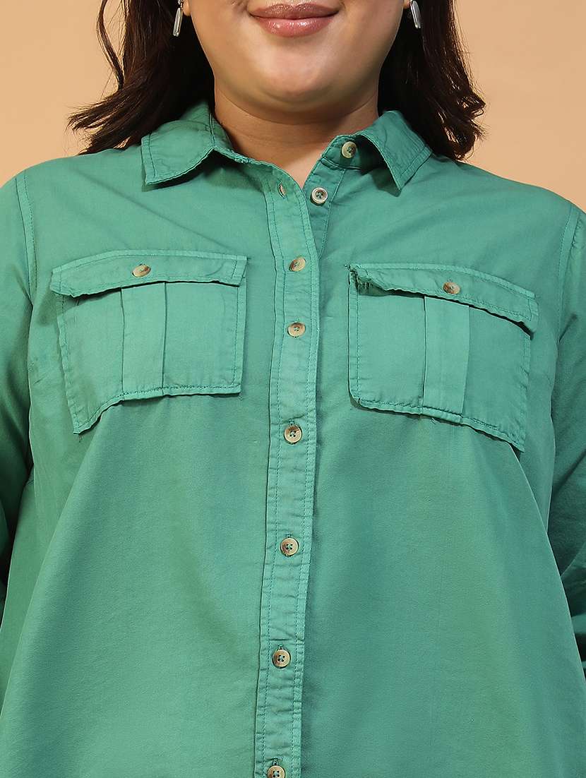 women plus size solid collared long sleeve shirt - 22082579 - Standard Image - 4