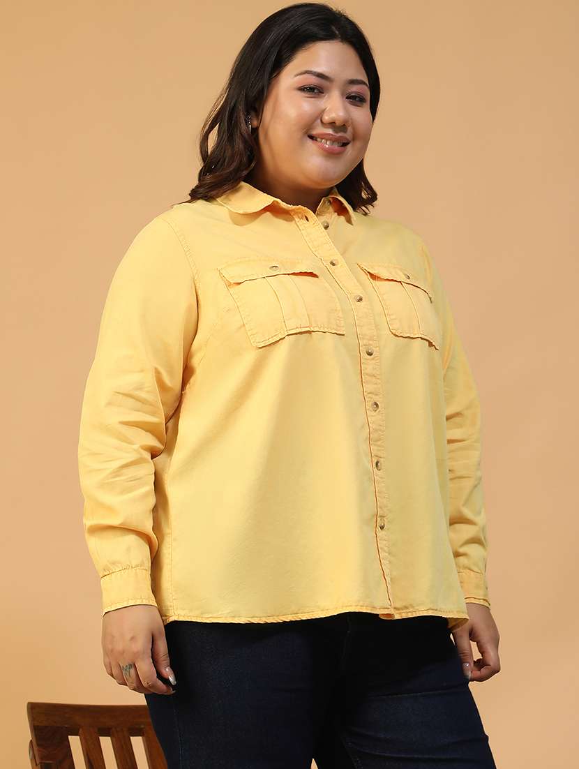 women plus size solid collared long sleeve shirt - 22082580 - Standard Image - 1