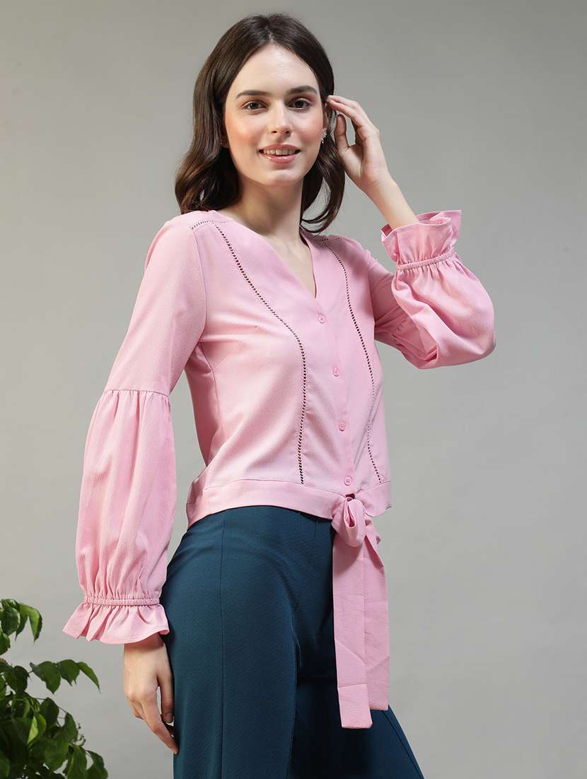 women solid puff sleeve knot detailed top - 22082589 - Standard Image - 1
