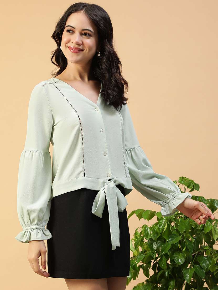 women solid puff sleeve knot detailed top - 22082590 -  Standard Image - 1
