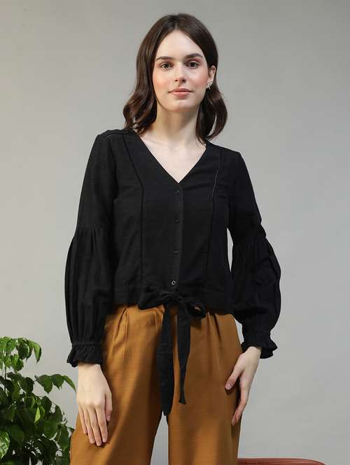 women solid puff sleeve knot detailed top - 22082591 - Standard Image - 0
