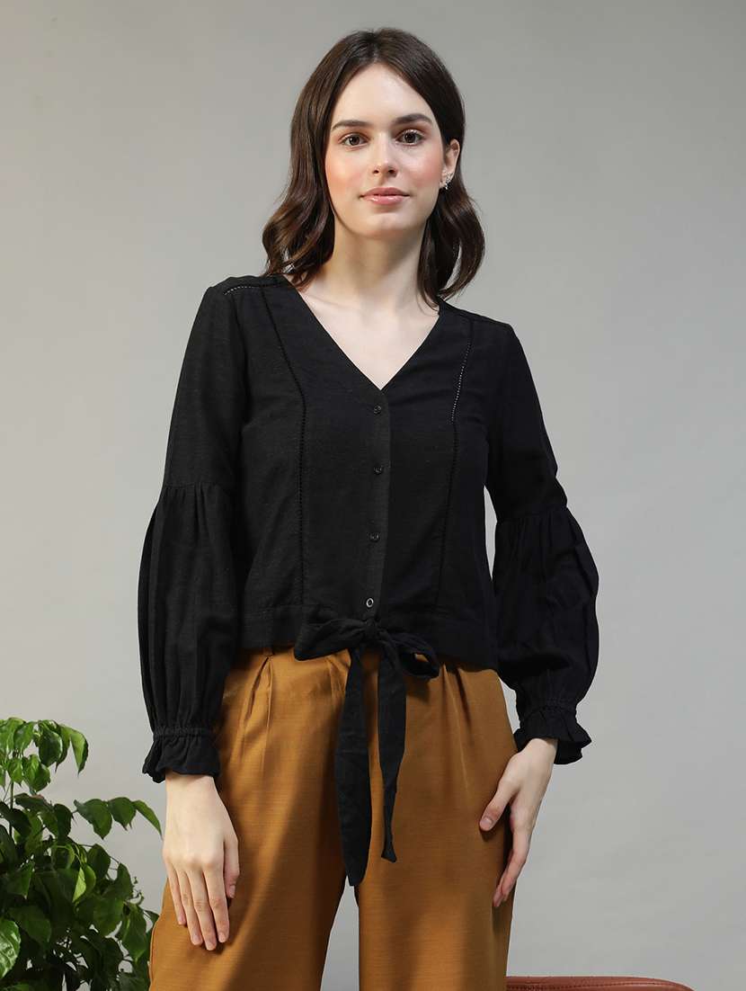 women solid puff sleeve knot detailed top - 22082591 - Zoom Image - 0