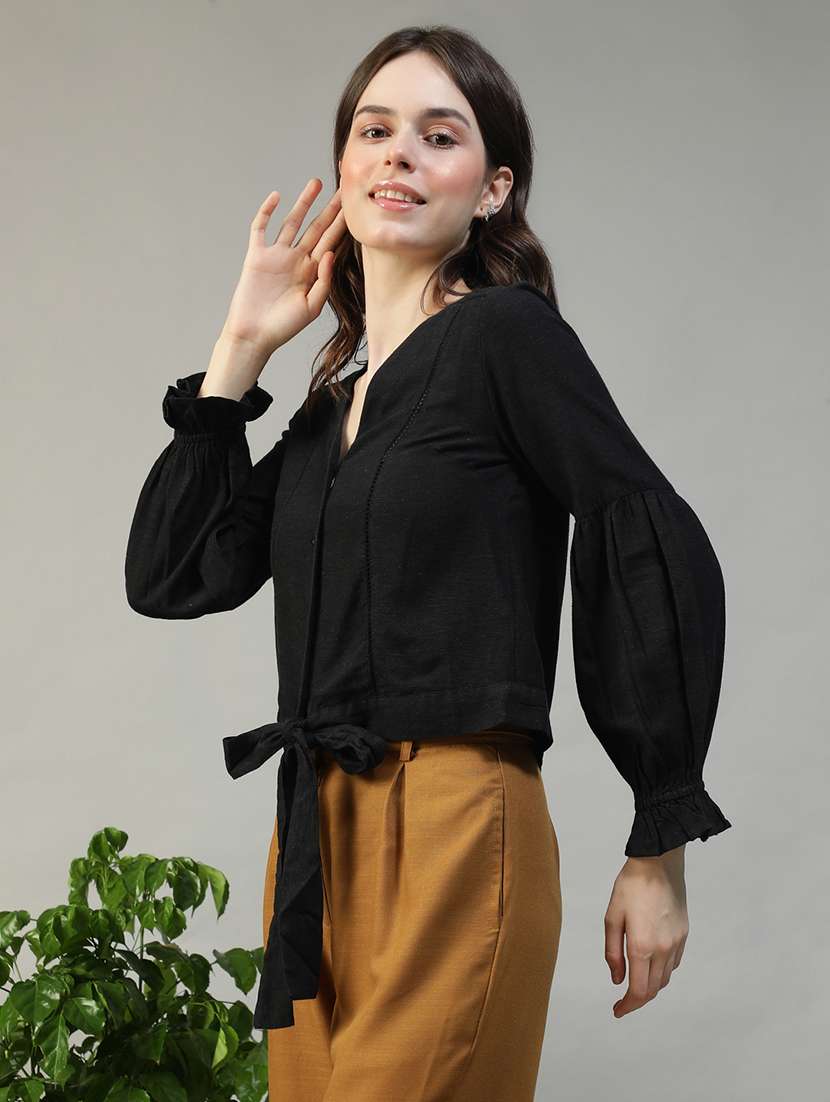 women solid puff sleeve knot detailed top - 22082591 - Standard Image - 1