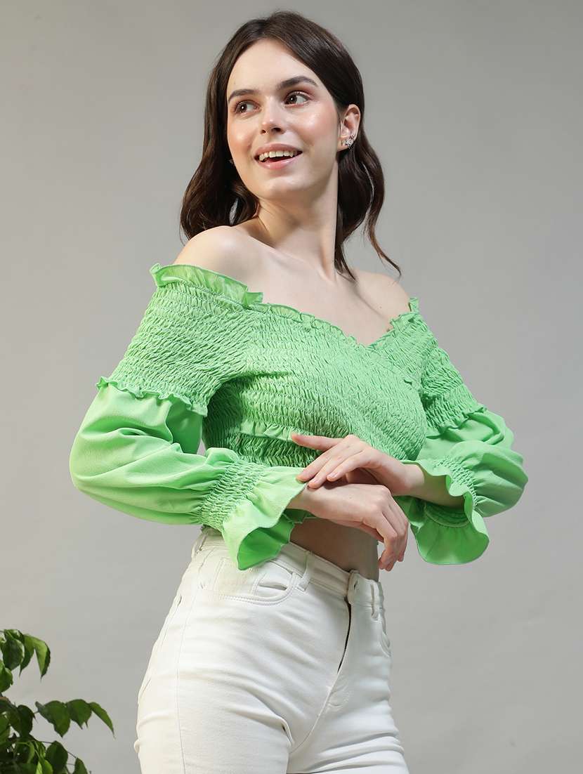 women solid off shoulder long sleeve crop top - 22082592 -  Standard Image - 1