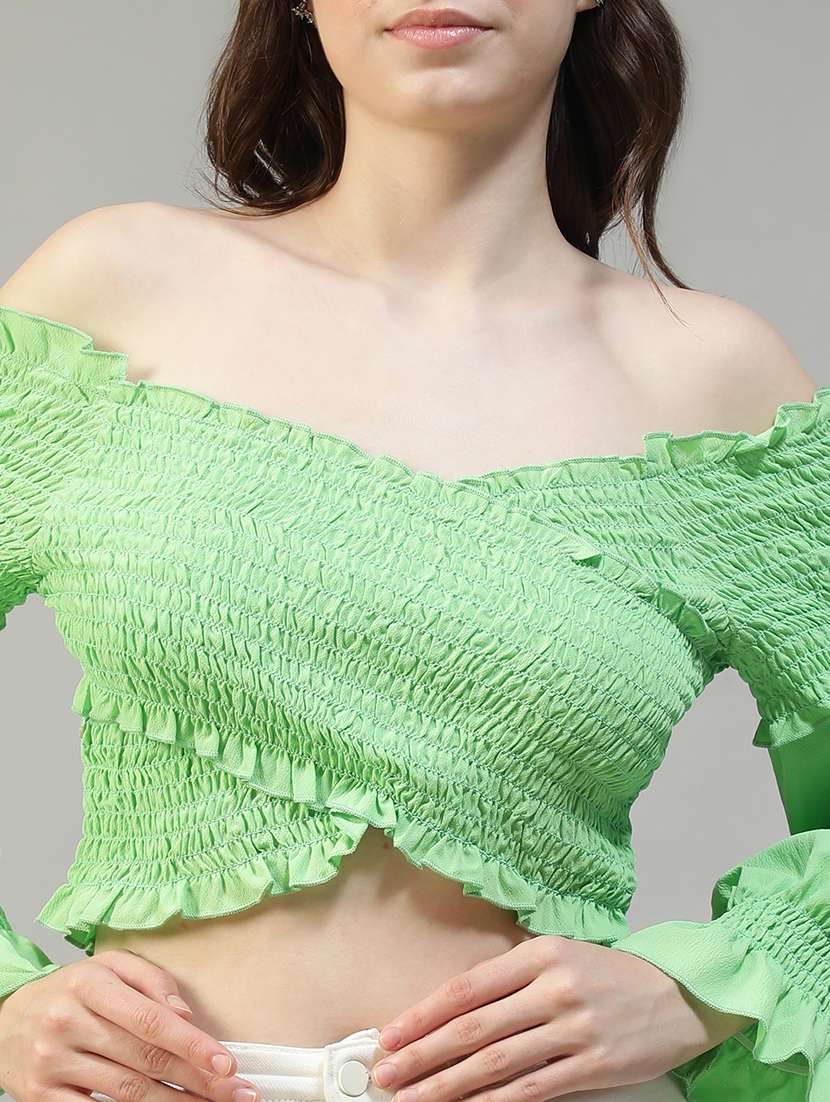 women solid off shoulder long sleeve crop top - 22082592 - Standard Image - 4