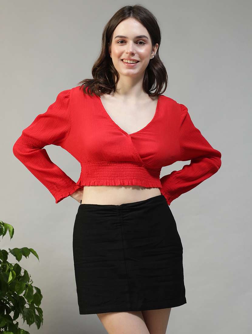 women solid off shoulder long sleeve crop top