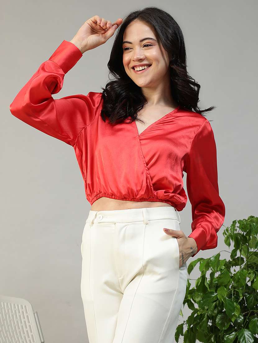 women solid long sleeve mock wrap crop top - 22082599 -  Standard Image - 1