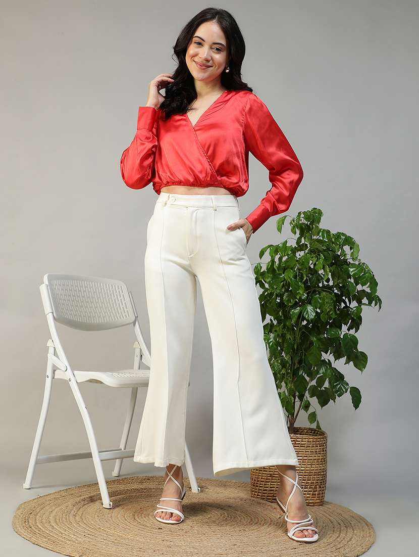 women solid long sleeve mock wrap crop top - 22082599 - Standard Image - 4