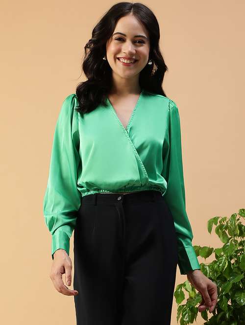 women solid long sleeve mock wrap crop top - 22082600 -  Standard Image - 0