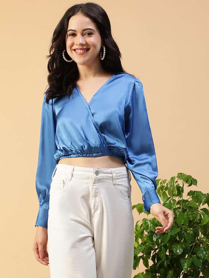 women solid long sleeve mock wrap crop top