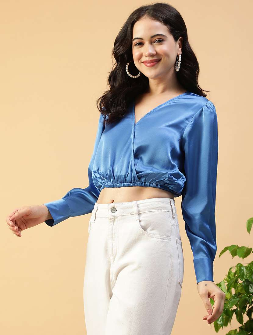 women solid long sleeve mock wrap crop top - 22082601 - Standard Image - 1