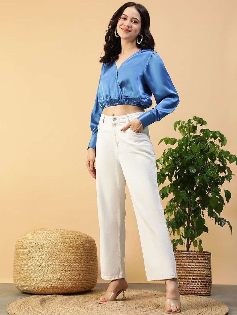 women solid long sleeve mock wrap crop top - 22082601 - Standard Image - 4